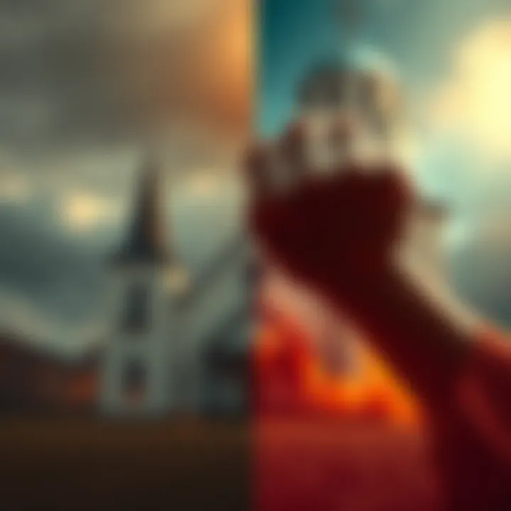 A contrasting image showing a church and a fist, symbolizing the conflict between faith and violence.