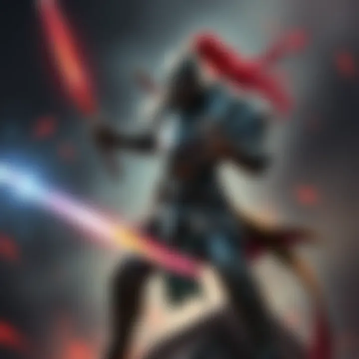 A character in armor wielding a sword and staff, showcasing a balance of strength and dexterity in a combat stance.