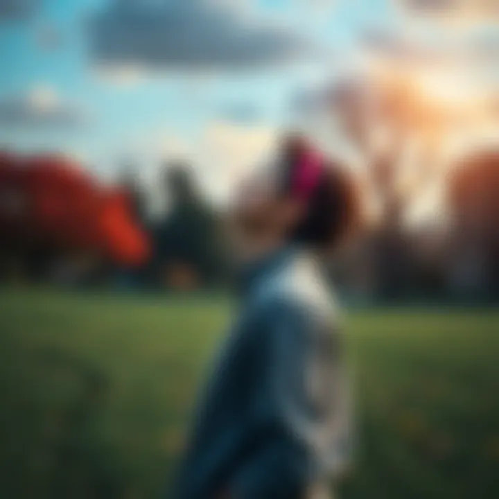 A person standing in a park looking up at the sky with a peaceful expression, embodying a sense of faith and reflection.