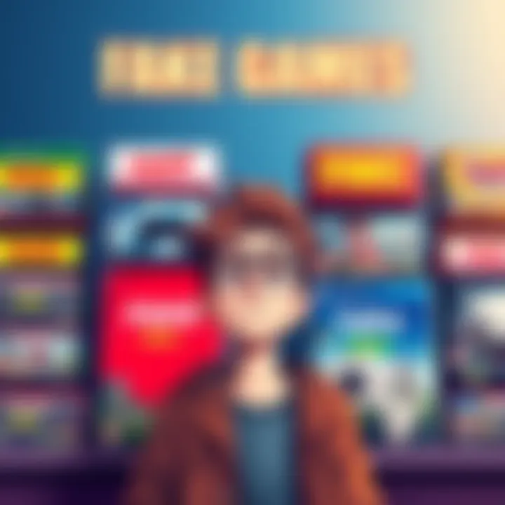 Fake Games Concept Illustration showing a variety of fake video game boxes labeled as 'Real' and 'Fake', with a gamer looking confused in front of them.