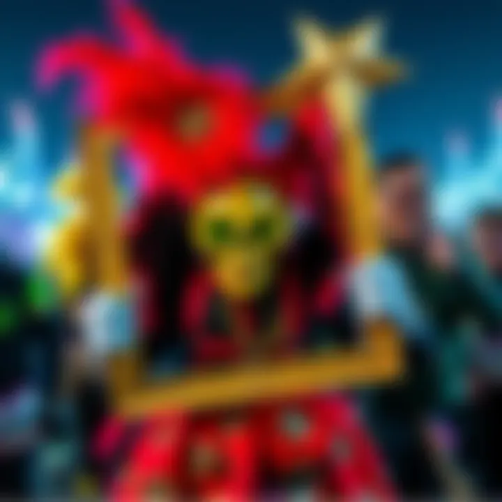 A group of competitors dressed in outrageous costumes participating in the Fake Frame race, with strange props and funny expressions, showcasing the chaos and absurdity of the event