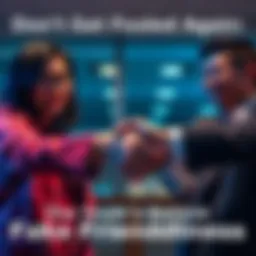 Two individuals shaking hands, both wearing forced smiles that hint at insincerity, representing fake friendliness.