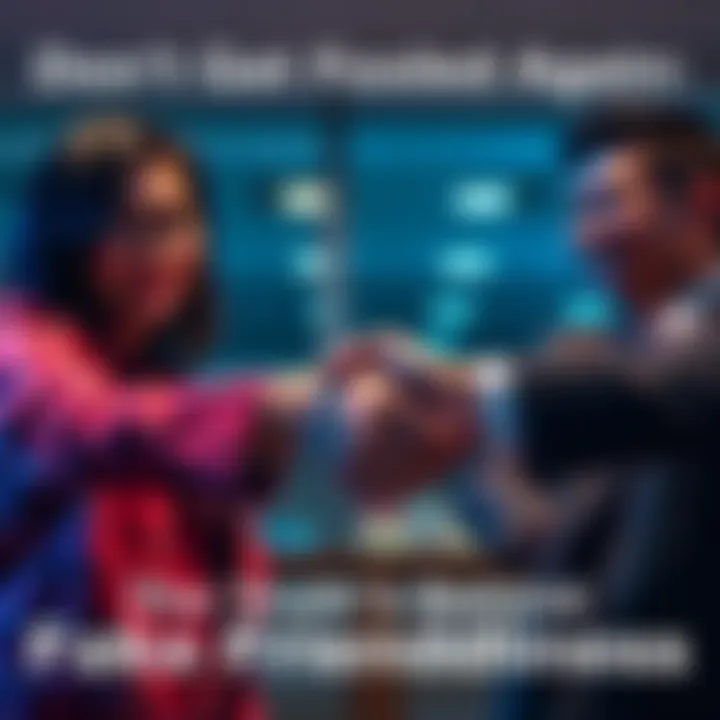 Two individuals shaking hands, both wearing forced smiles that hint at insincerity, representing fake friendliness.