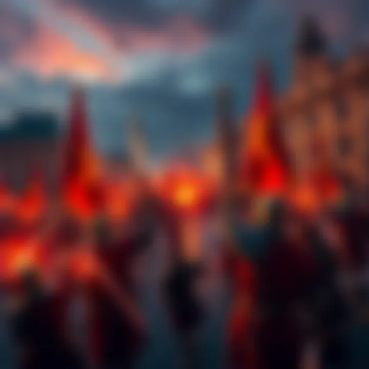 A chaotic scene in RuneScape showing players in a bustling Falador square, marking the anniversary of the Falador Massacre with swords drawn and excitement in the air.
