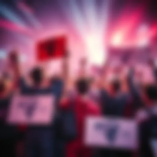 A group of gamers cheering and holding signs supporting Falcons in a CS:GO tournament