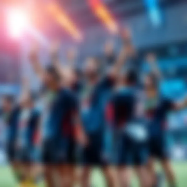 Team Falcons celebrates their 3-2 win against Weibo Gaming with team members cheering and raising their arms in excitement