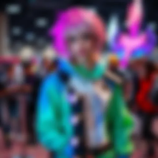 A cosplayer dressed as Falke, showcasing detailed costume design and vibrant colors at a convention.