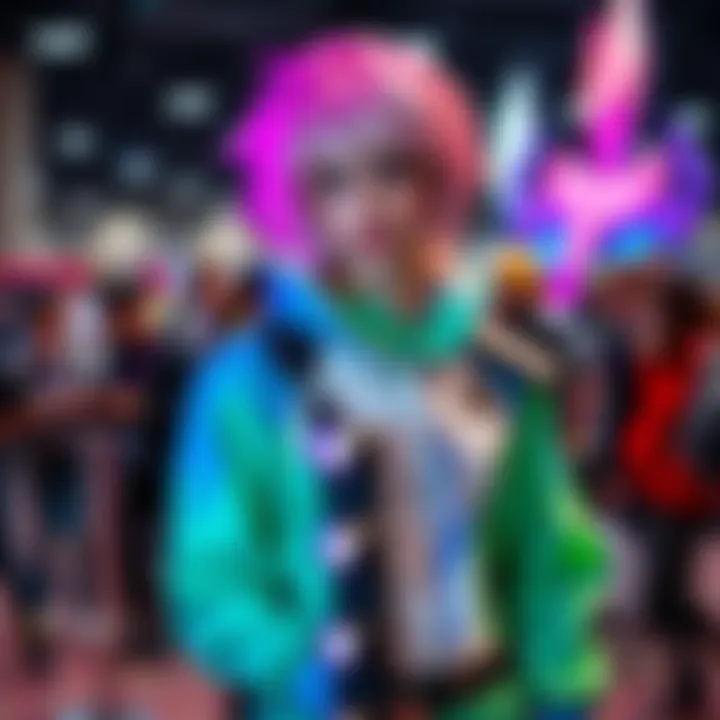 A cosplayer dressed as Falke, showcasing detailed costume design and vibrant colors at a convention.