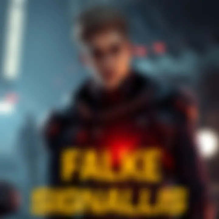 Falke, a commander in Signalis, stands confidently in the game's environment, with a serious expression and futuristic uniform, surrounded by dark, atmospheric elements.