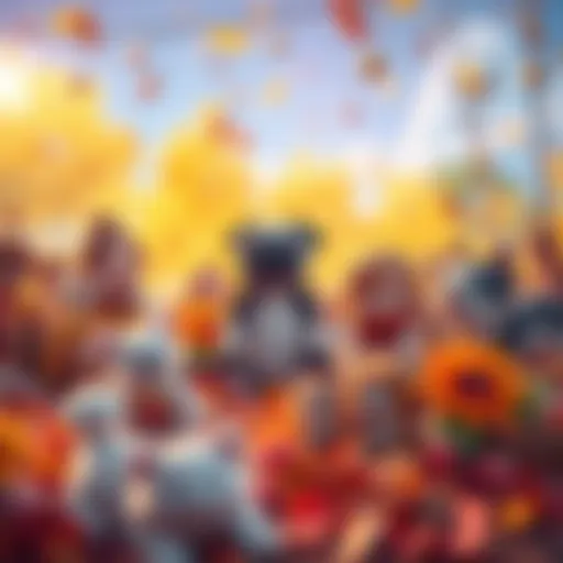 A vibrant scene of new players enjoying the fall event, surrounded by colorful seeds and cute pets, showcasing joy and relaxation