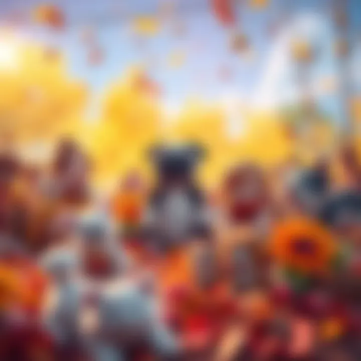 A vibrant scene of new players enjoying the fall event, surrounded by colorful seeds and cute pets, showcasing joy and relaxation