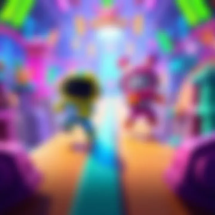 Two colorful characters from Fall Guys competing in a fun obstacle course filled with vibrant platforms and challenges.