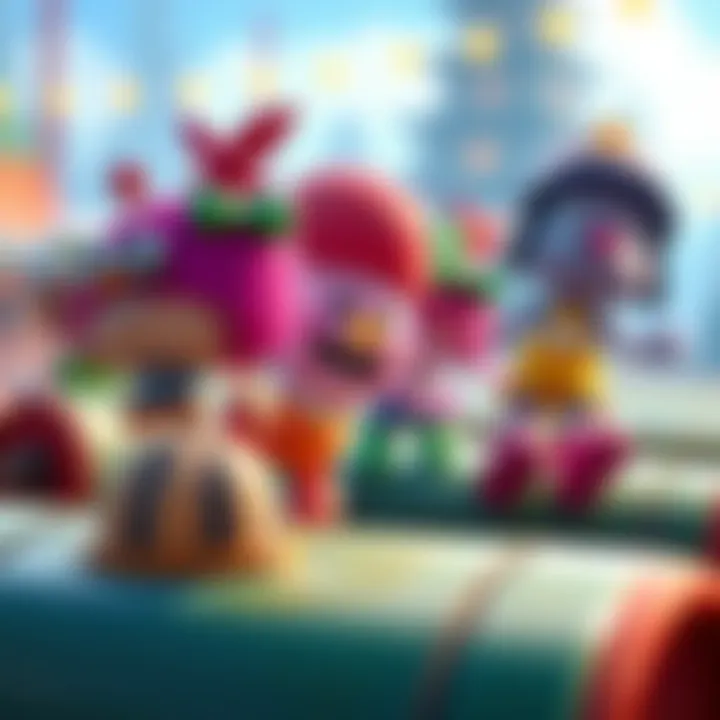 A group of playful, colorful characters competing in a fun obstacle course