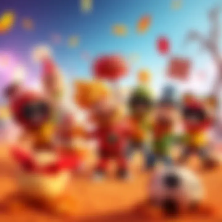 A group of vibrant Fall Guys characters in various costumes, surrounded by playful obstacles, hinting at a lively competition