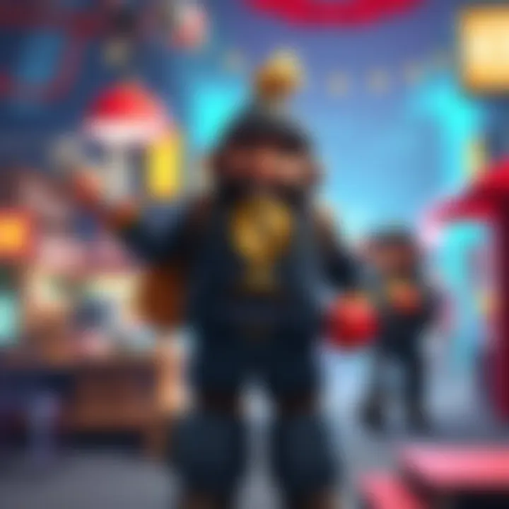 A character from Fall Guys holding the Merchants trophy in a colorful game environment