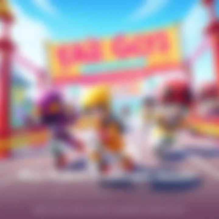 Colorful Fall Guys characters racing through a vibrant obstacle course with Japanese-inspired costumes and a live event banner in the background