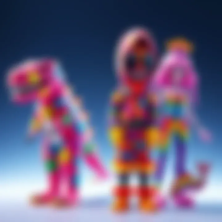 Three vibrant Fall Guys costumes: Kaleidoscope Rex, Rainbow Cloud Slippers, and Rainbow Mermaid.