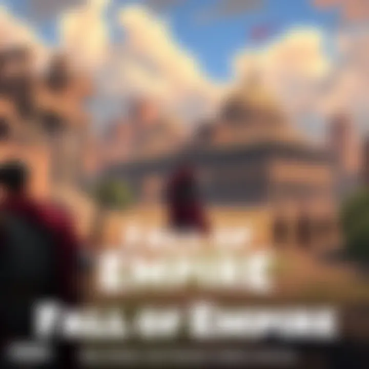 Fall of Empire Game Cover Cover illustration showing a Roman-inspired landscape with crumbling buildings, a central figure strategizing over a map, and soldiers in the background preparing for battle.