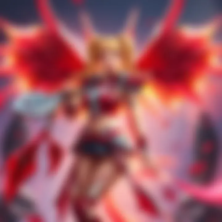 Fallen Angel Mercy Skin Fallen Angel Mercy character in a vibrant pose wearing a crimson-themed outfit and holding a matching weapon