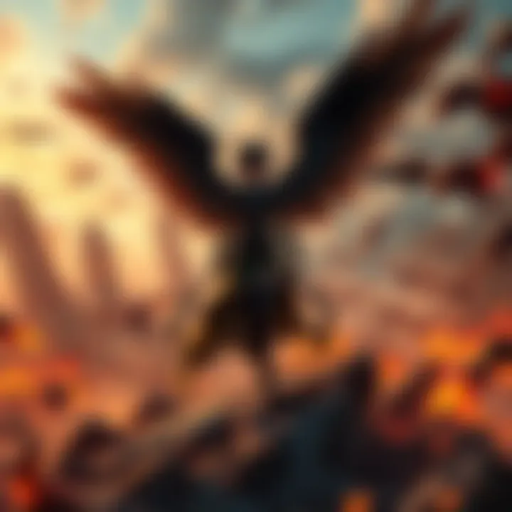 Sājida, a fallen angel with dark wings, stands at the edge of a chaotic battlefield surrounded by demons and ruins, contemplating her choice to fight for humanity's survival.
