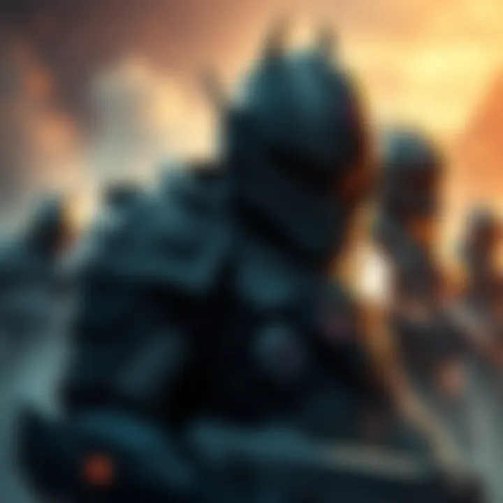 A sad Prime Grineer warrior looking lost, wearing worn armor and struggling with identity, with shadows of former glories behind them.