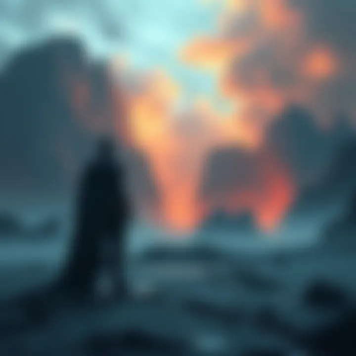 A once-mighty figure stands alone, reflecting on past glory and future resilience amid a fading landscape.