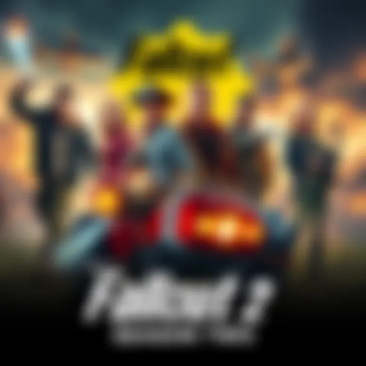 Promotional poster for Amazon's Fallout season two showing key characters and action scenes in a post-apocalyptic setting
