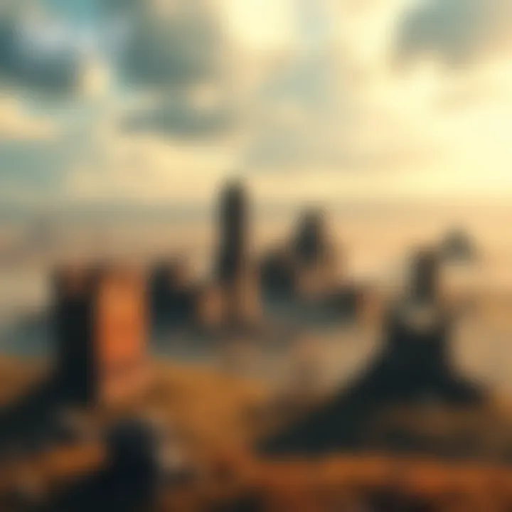Concept art showing a post-apocalyptic wasteland environment from Fallout 3, highlighting ruined buildings and a distant skyline.
