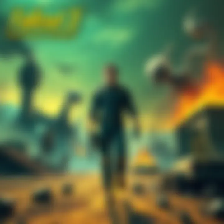 A vibrant digital rendering showcasing iconic elements from Fallout 3, including a wasteland scene with the protagonist in a vault suit, surrounded by ruins and mutated creatures, symbolizing the remastered game anticipation.