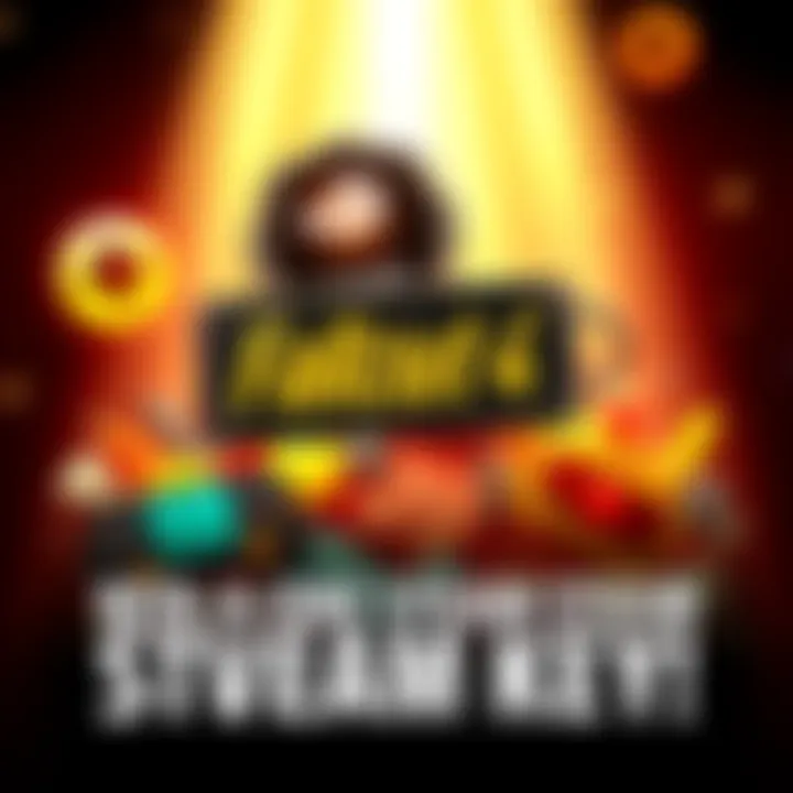A vibrant graphic showing a Steam key for Fallout 4 with gaming icons and text inviting comments to enter the giveaway.