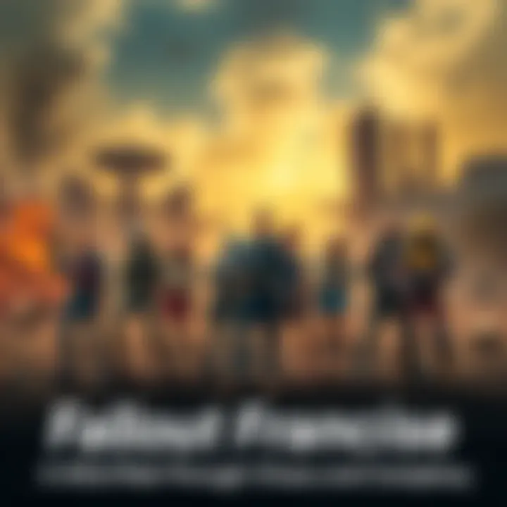 A group of various characters from the Fallout franchise standing in a post-apocalyptic landscape, surrounded by ruins and debris, showcasing their distinct outfits and weapons, reflecting the game's diverse storytelling.