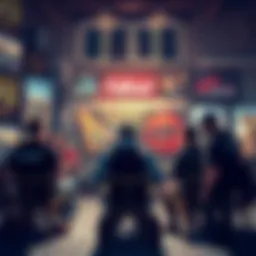 A group of fans discussing their favorite locations for the next Fallout game, surrounded by posters and game art.