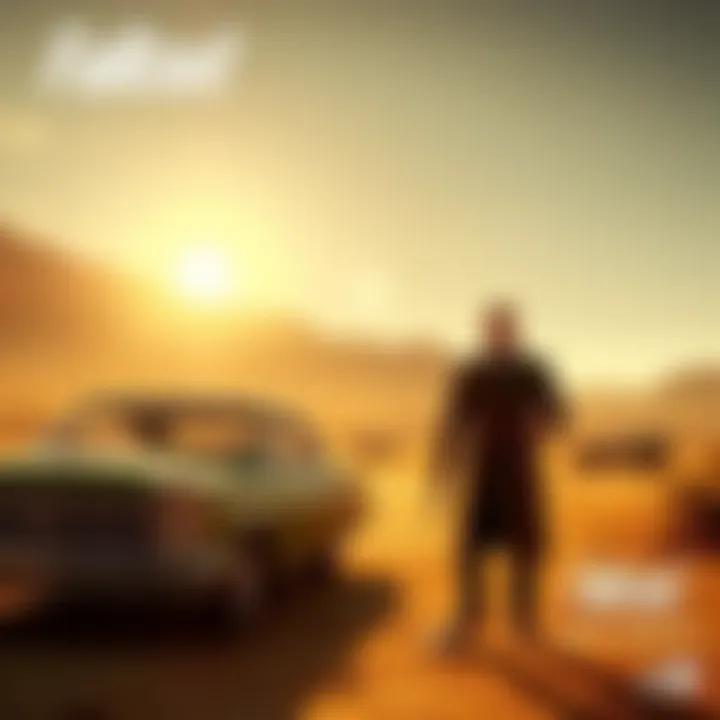 A desert landscape with a vintage car and a character in a duster coat, representing Fallout New Vegas