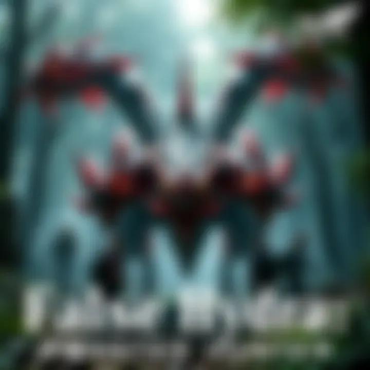 A False Hydra creature with multiple heads, blending into a forest setting with hunters preparing for battle.