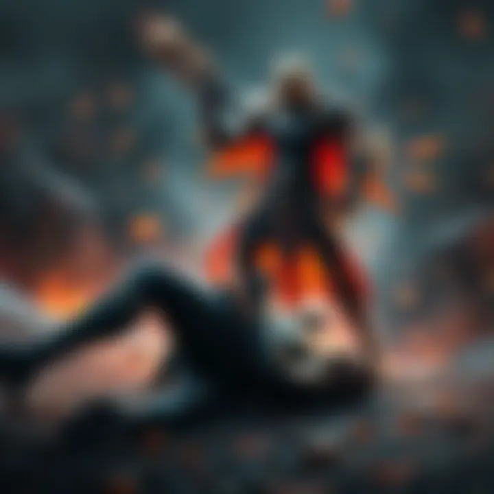 Falx triumphantly stands over Malenia after a decisive victory, showcasing a confident pose while Malenia is on the ground defeated, emphasizing the intensity of the battle.