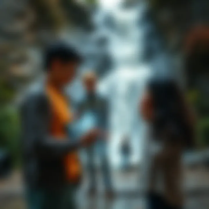 A family stands outside Falls End, surprised by a beautiful screenshot displayed on a phone