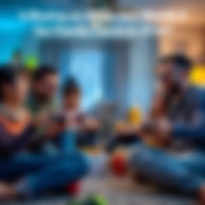 A family gathered in a living room, joyfully playing games on an Xbox 360, with smiles and snacks around.