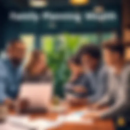 A diverse family discussing their financial plans around a table with documents and a laptop, symbolizing generational wealth building.