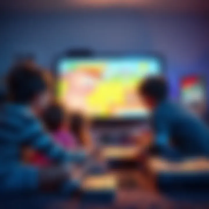 A family enjoying classic multiplayer games on a TV, with children aged 10 to 13 engaging in gameplay, surrounded by vintage consoles like NES and SNES.
