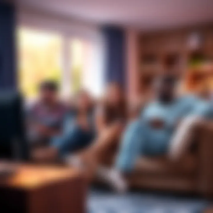 A family of four enjoying a co-op video game session on a living room sofa, smiling and having fun together.