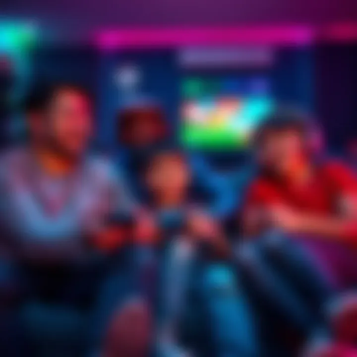 A family of four, including two young kids, sitting on a couch playing a video game together, smiling and having fun.