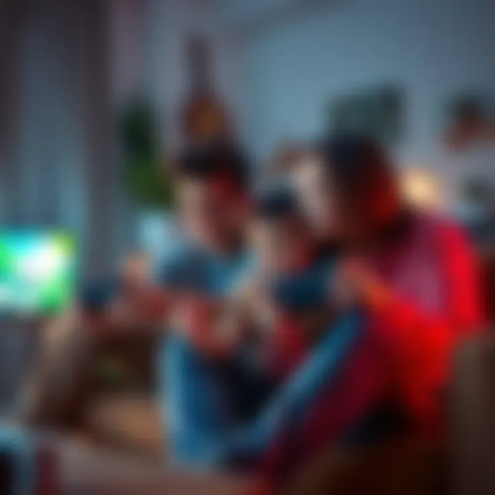 Three family members enjoying a local multiplayer Xbox game together in a cozy living room