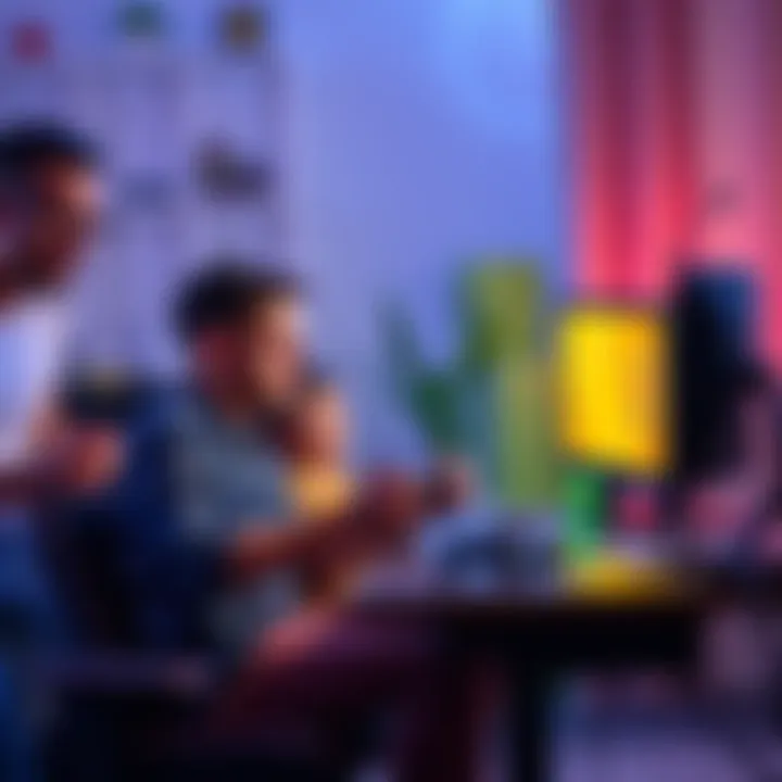 Family balancing work and gaming A parent playing video games at a desk while children play nearby, showing a balance between work and family time.