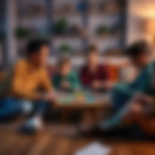 Family Playing Board Games Together A family of four enjoying a board game on a cozy living room floor, smiling and bonding over their game night.