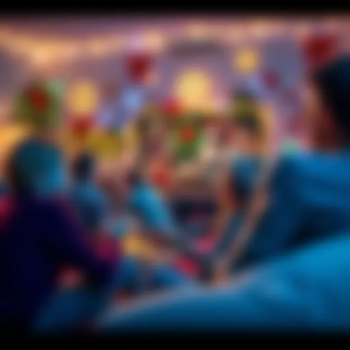 A family gathers around the TV playing video games during Christmas, surrounded by festive decorations and snacks.