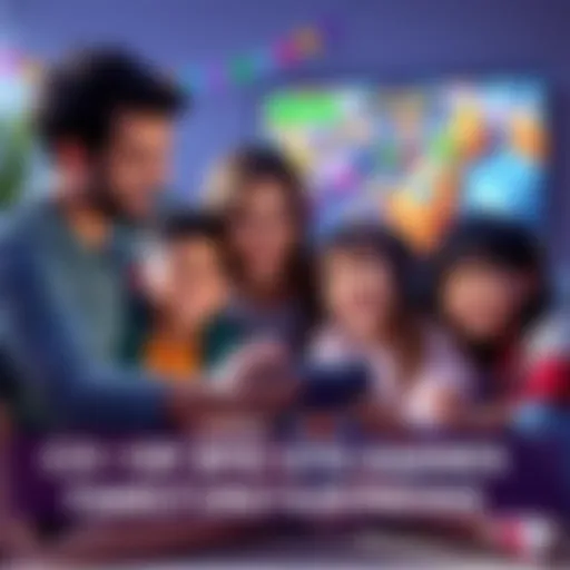 A family sits together playing a co-op RPG-lite video game, smiling and enjoying their time together with a colorful game screen in the background.