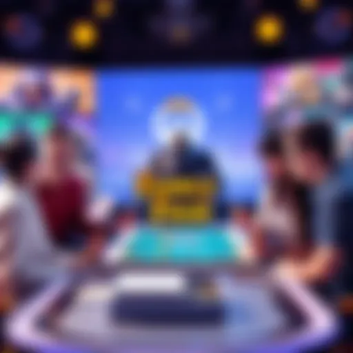 A group of friends discussing a Family Feud board game based on Overwatch characters, holding paper and pencils, with Overwatch images in the background.