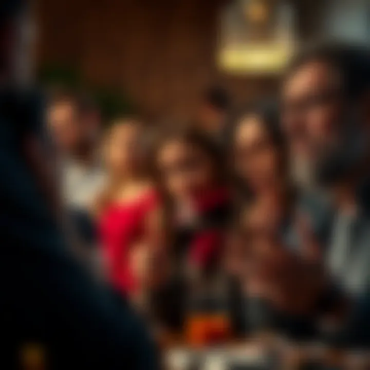 A group of family members looking uneasy during a gathering, one person whispers to another, creating an atmosphere of concern.