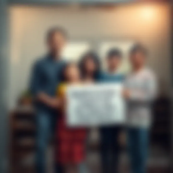 A family stands together looking worried, holding a sign asking for stash space assistance, with an empty room in the background.
