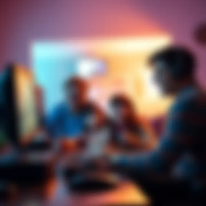 A family gathered around a computer, enjoying video games together, showcasing a transition from Nintendo to PC gaming.